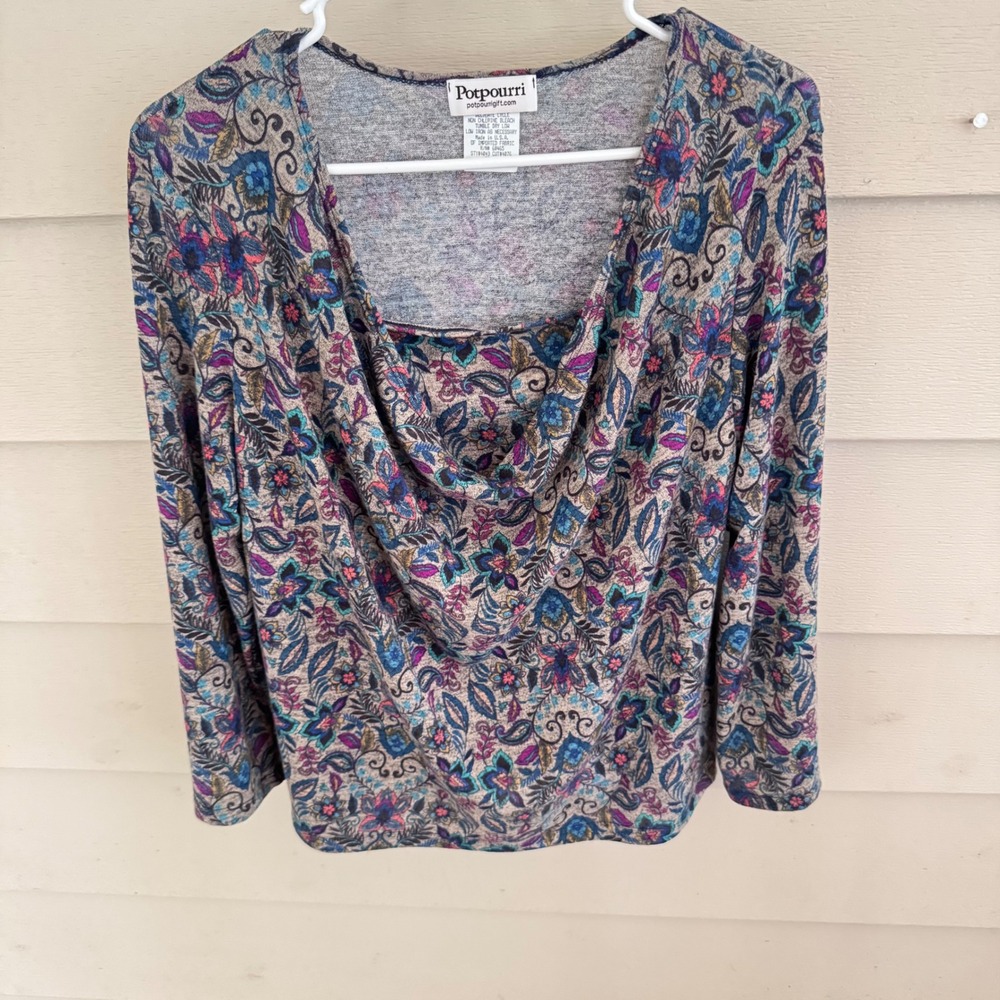 Potpourri Floral Print Top Cowl Neck Long Sleeve‎ Blouse Multicolor Size M
